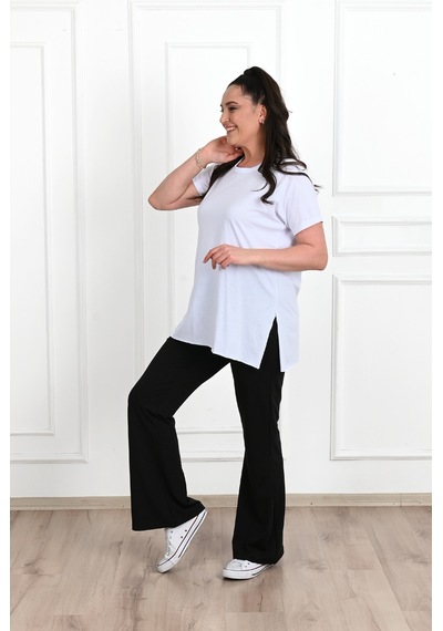 Kadın Bisiklet Yaka Yırtmaç Detaylı Büyük Beden Tshirt 9633-22 001