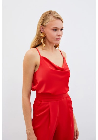 Sateen Askılı Degaje Yaka Bluz Kırmızı