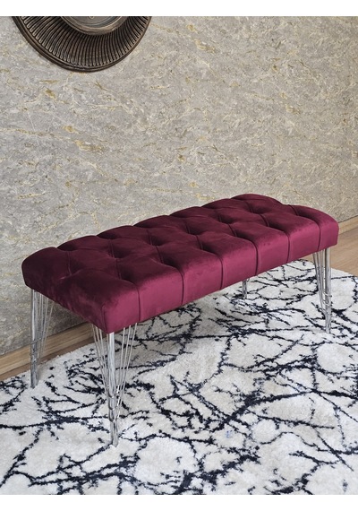 Zafir Krom Tel Ayaklı 90 Cm Puf Bench - Puf - Bench - Kasalı Oturak - Oturak - Yatak Ucu Puf Bordo