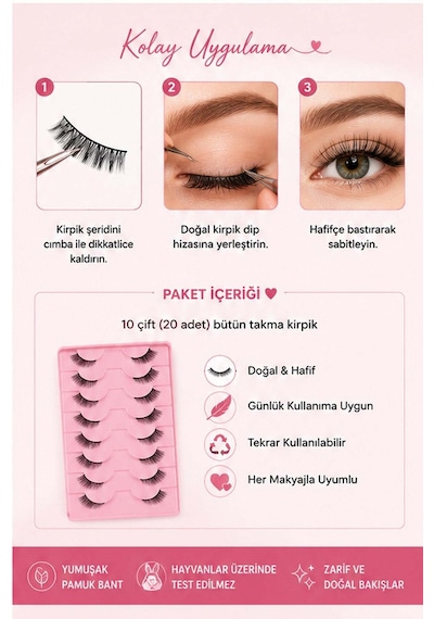 10 Çift Doğal Takma Kirpik Seti Hafif Bütün Kirpik 3-8 Mm Günlük Kullanım Tekrar Kullanılabilir