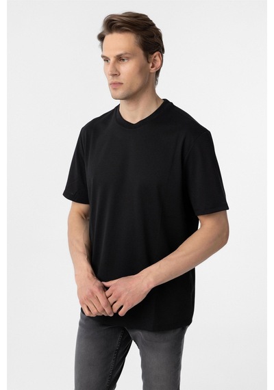 Süvari Siyah Slim Fit Armürlü Bisiklet Yaka Tişört-37357 Siyah