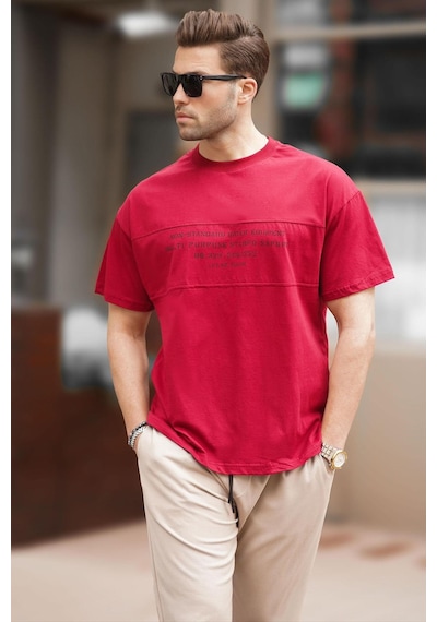 Madmext Bordo Oversize Bisiklet Yaka Baskılı Erkek Tişört 7018-bordo Bordo