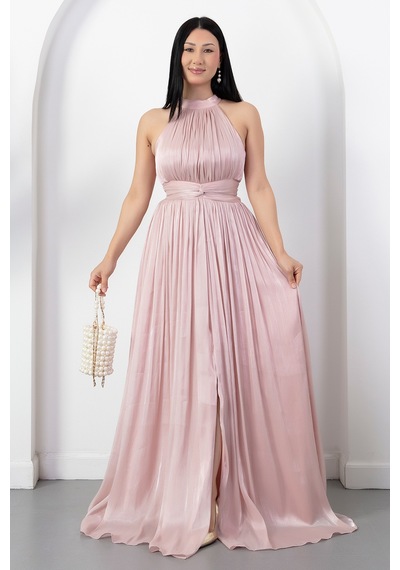 Kalopya Halter Yaka Beli Düğümlü Yırtmaçlı Elbise Drp6882 Pembe