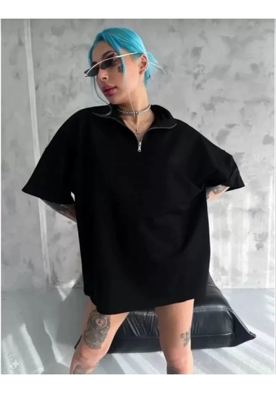 Soonaksesuar Unisex Yarım Fermuarlı Düz Oversize T-shirt - Siyah SIYAH