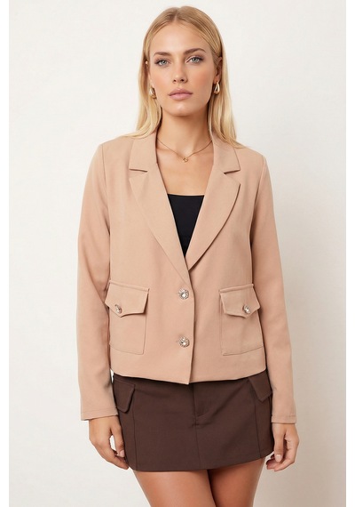 Armonika Kadın Bej Erkek Yaka Kare Cepli Crop Ceket Arm-26k001026