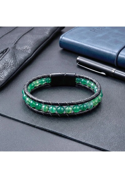 Moncuk Design 6mm Yeşil Akik Taşlı Deri Kordon Ve Çelik Bileklik 33512b2d6m6 Çok Renkli