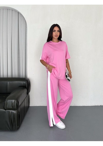 Elaxi Modal Şeritli Yırtmaç Detaylı Pantolon Tişort Takım Pembe