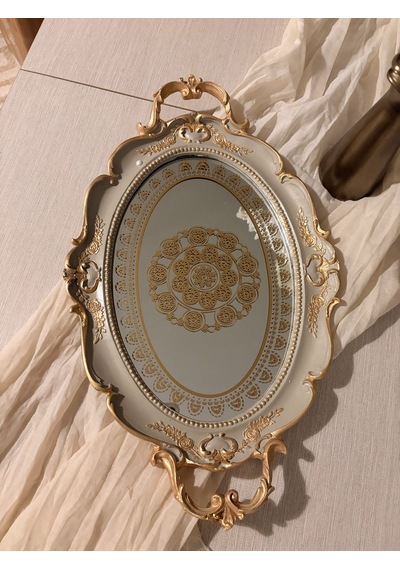 Oval Aynalı Kulplu Dekoratif Tepsi Vizon & Altın Varaklı 48x29 Cm