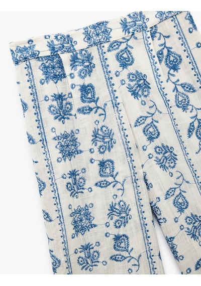 Koton Beli Lastikli Çiçekli Geniş Paça Viskon Pantolon Mavi Desenli 5sal40069ıw