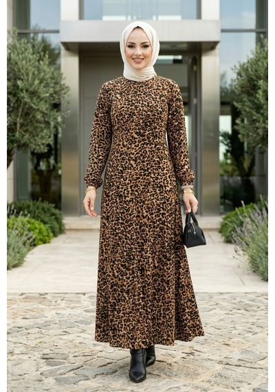 Hb Harma Time Butik Kadın Fermuarlı Leopar Desenli Viskon Tesettür Elbise Siyah