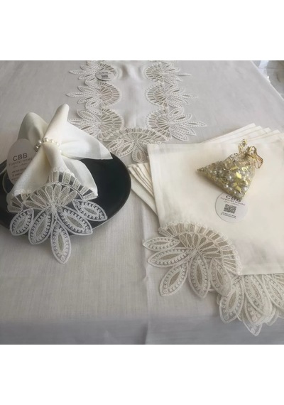 Bezos Sofra Takımı Lady Gardenya Keten Yemek Takımı 160x220 Masa Seti 26 Parça Runner Set Kreme Gold Bezos1