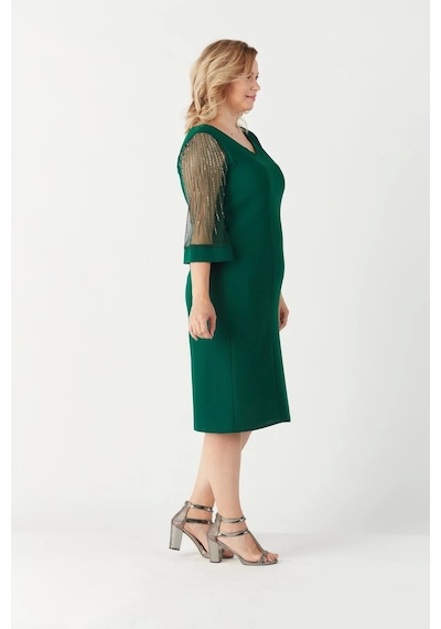 Moda Berray 1349 Yeşil Kolları Taş Işlemeli Şık Büyük Beden Kısa Abiye Yeşil