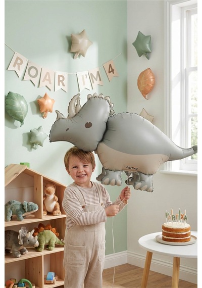Gri Mat Triceratops Retro Dinozor Folyo Balon 69x40 Cm Dinozor Temalı Çocuk Doğum Günü Parti Süsü Çok Renkli