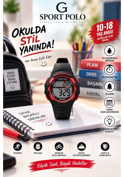 30m Suya Dayanıklı Işıklı Alarmlı Kronemetreli Takvimli Çocuk/genç Saati Kırmızı - 927843749 Çok Renkli
