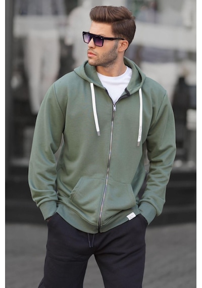 Madmext Haki Yeşili Fermuarlı Kapüşonlu Sweatshirt 6161-haki Yeşili Haki
