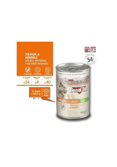 BonaCibo Jöleli Tavuklu ve Hindi Etli Konserve Yetişkin Kedi Maması 6 x 400 G