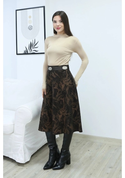 Lodmela Baskılı Ve Kemerli Kadife Etek 6069-kahve/camel Kahve/camel