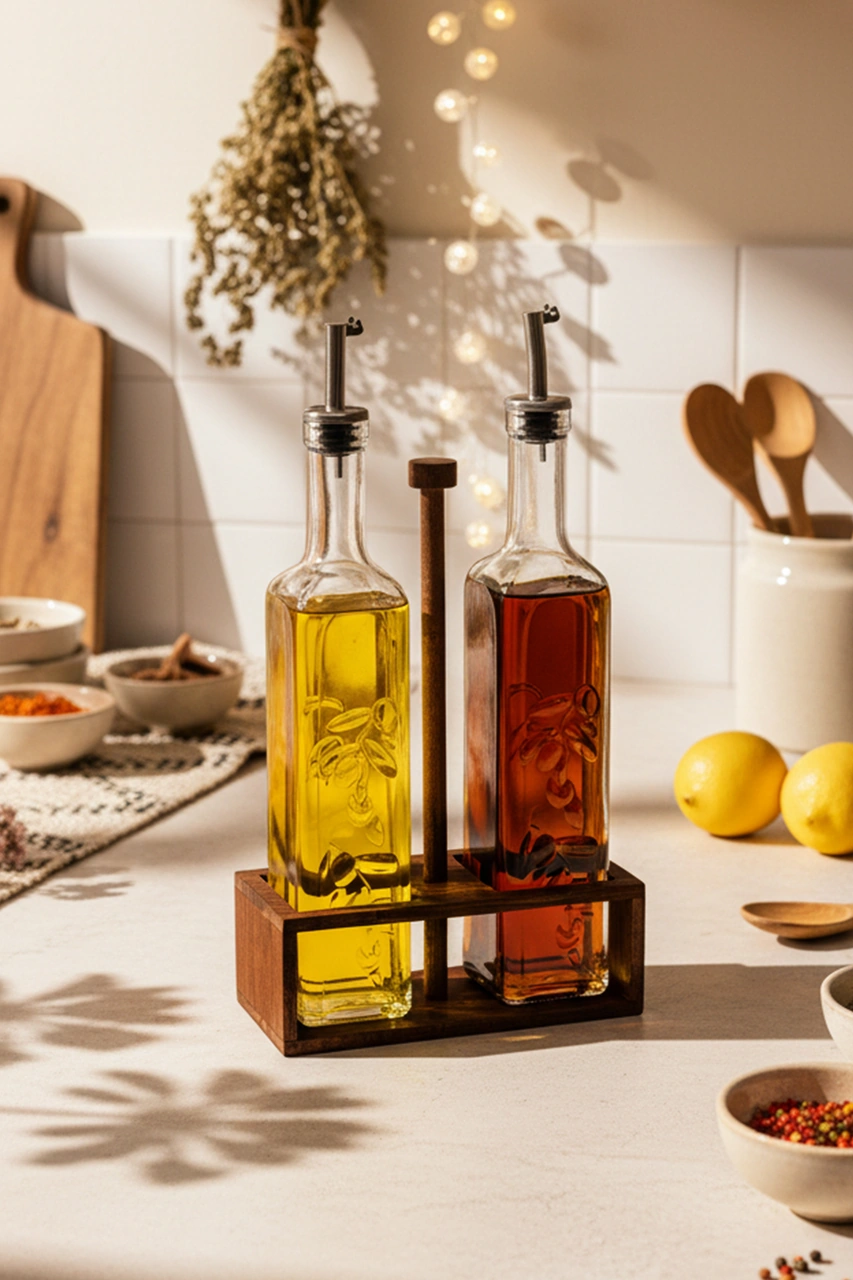 Snippy Verra - 2'li Ahşap Tutmalı Standlı Cam Yağdanlık Damlatmaz Yağlık Sirkelik Zeytinyağı Şişesi 500ml Ahşap