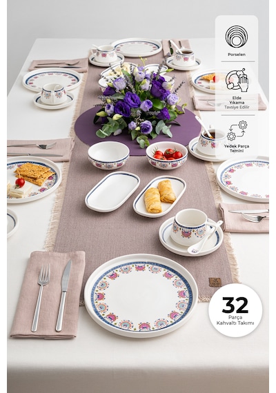 Emsan Ethnic Pink Porselen 32 Parça 6 Kişilik Kahvaltı / Servis Beyaz