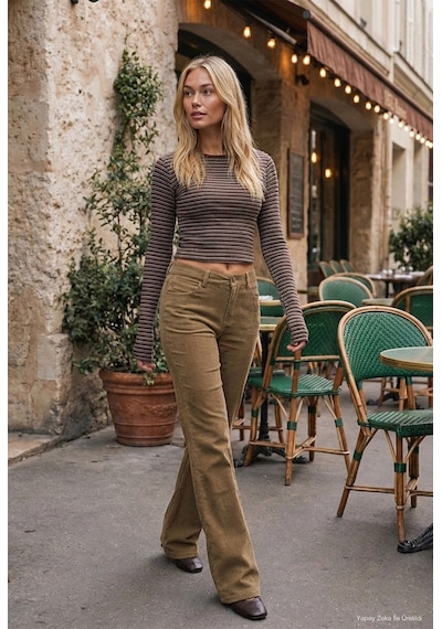 Kadın Sütlü Kahve Flare Fit Velvet Kadife Kumaş Pantolon Gri