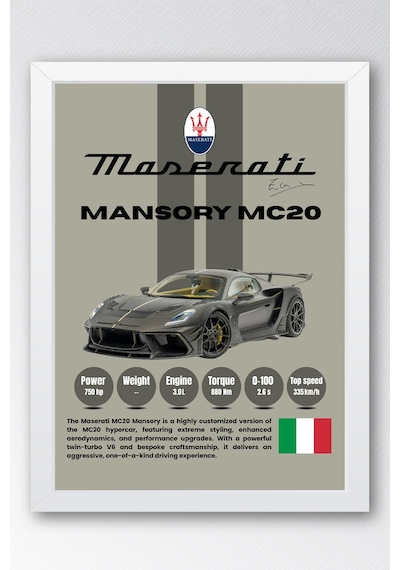 Maserati Mansory Mc20 Premium Araba Tablosu - Teknik Özellikli İtalyan Otomobil Duvar Dekoru Beyaz