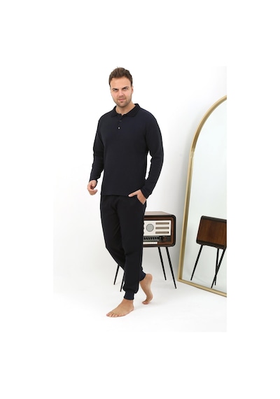 Akbeniz Erkek Polo Yaka Uzun Kol Penye Pijama Takımı 6862 Lacivert Lacivert