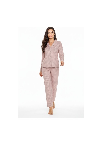 Luxury Soft Pudra Kareli Uzun Kollu Kadın Pijama Takımı 3049 Pudra