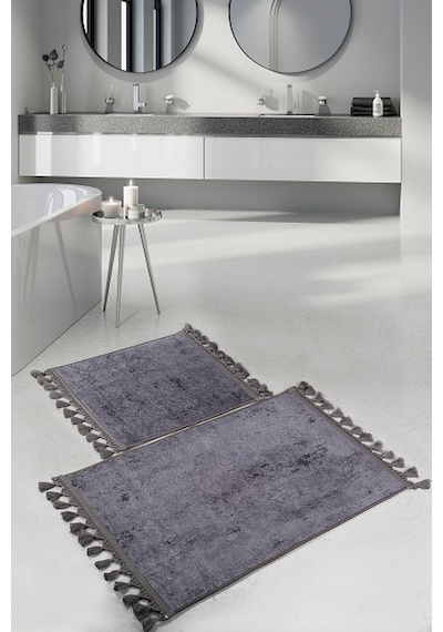 Nova Antrasit 60x100 + 50x60 Cm 2'li Köşeli Ponpon Saçaklı Banyo Çok Renkli