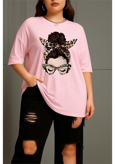 Ceny Kadın Büyük Beden Battal Baskılı Bisiklet Yaka Pamuklu T-shirt Rahat Kesim Unisex Sevgili Kombini Pembe