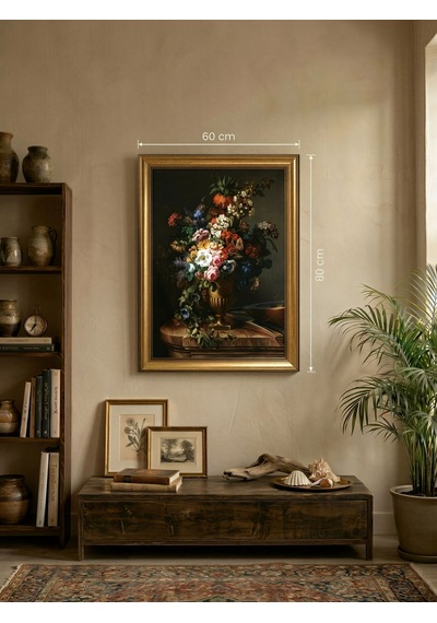 Klasik Gold Çerçeveli Barok Çiçek Natürmort Tablo Lüks Salon Oturma Odası Duvar Dekoru 60x80 Cm