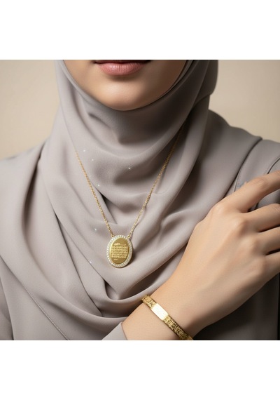 Taşlı Oval Kolye Ve Ayetel Kürsi Bileklik Seti Gold Çelik Takı Altın