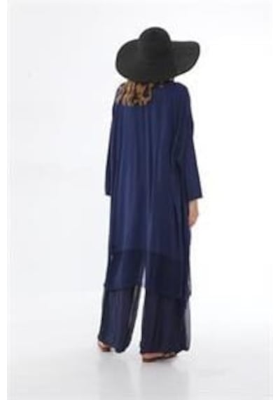 Bohem Stil Italyan Ipek Detaylı Oversize Kaftan & Bluz-8711 Lacivert
