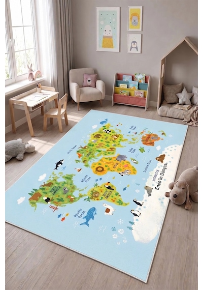 Sonictouch Çocuk Oyun Halısı İngilizce Eğitici Dünya Haritası ve Hayvanlar 70x120 CM İsme Kişiye Özel