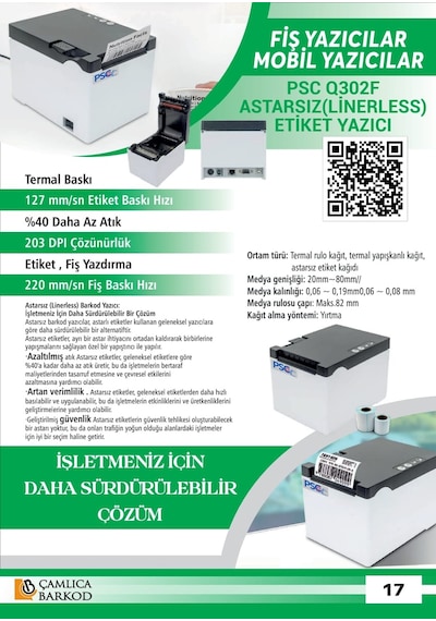 Psc Q302f 3ınch Lınerless Label Prınter 127mm/sn Usb+serıal+lan