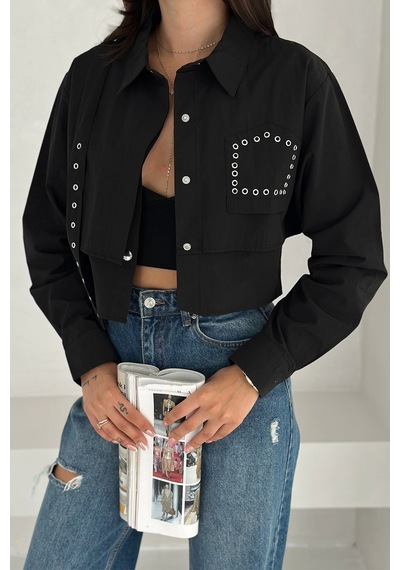 Asprin Fashion Kuş Gözlü Paraşüt Gömlek Siyah Siyah