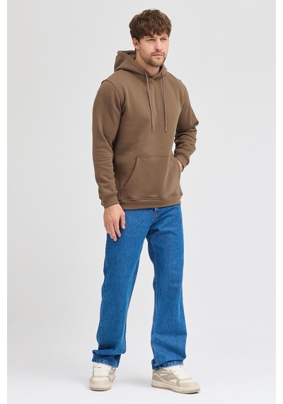 Polostate Erkek Kahverengi Standart Fit Normal Kesim Içi Polarlı 3 Iplik Kapüşonlu Pamuklu Sweatshirt Kahverengi