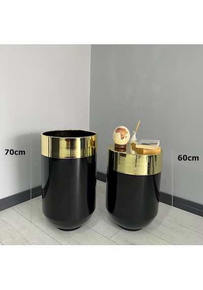 Dekoratif Gold Darbuka Parlak Siyah Saksı 70cm + Sehpa 60cm İkili Set