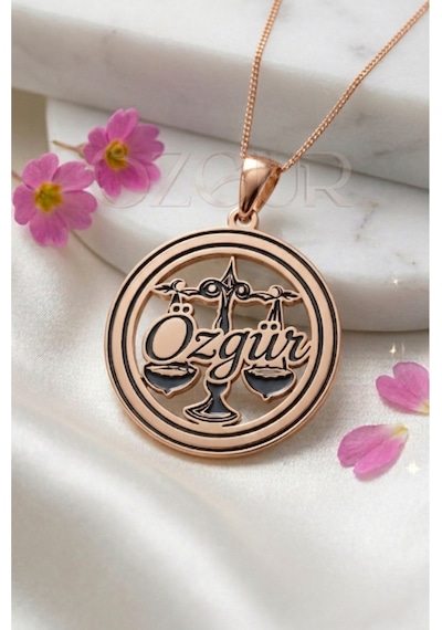 925 Ayar Gümüş İsimli Terazi Burç Kolye Rose Gold