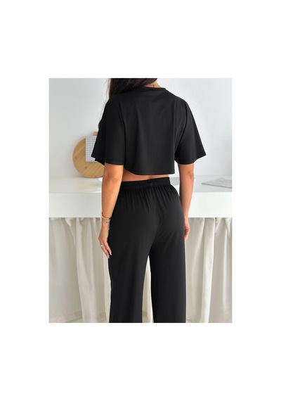 Gugus Yazlık Takım - Alt Üst Kadın Dokulu Kumaş -baggy Pantolon + Salaş Üst Siyah