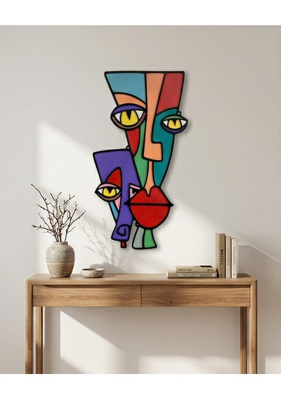 Picasso Tarzı Renkli Ahşap Duvar Mask Mdf. - Soyut Çok Renkli Yüz Duvar Sanatı 1