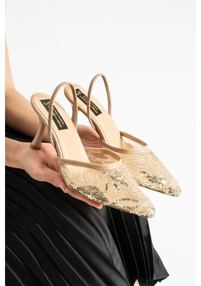 Lebibe Shoes Perıe Bej Kadın 7 Cm Topuklu Pullu Payetli Bantlı Abiye Gelin Düğün Ayakkabısı Terliği