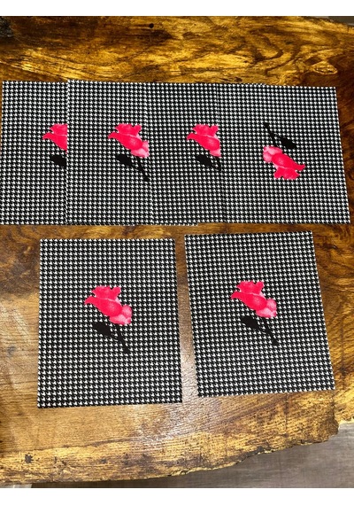 6 Lı Leke Turmaz Çiçekli Ekose Çatal Bıçak Sunum Peçete Kahve Sunum 18x16 Cm Siyah