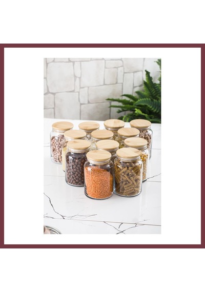 Storeşahin 12 Lü Set Bambu Kapaklı Cam Kavanoz & Erzak Saklama Kabı 800 Ml Orta Boy Vakum Kapak Shn0720