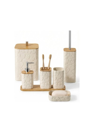 Makri Home Desenli 7 Parça Bambu Kapaklı Ve Aksesuarlı Banyo Seti Beyaz