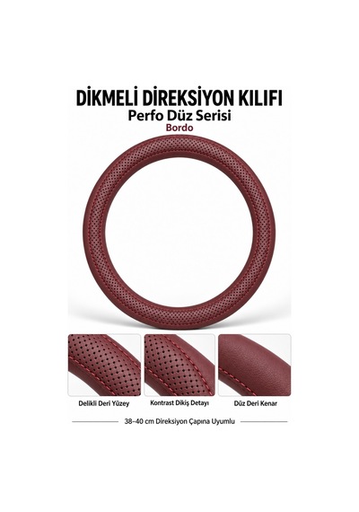 Trobus Volkswagen Taigo 2021-2025 Uyumlu Dikmeli Direksiyon Kılıfı Perfo Düz Delikli Deri Bordo