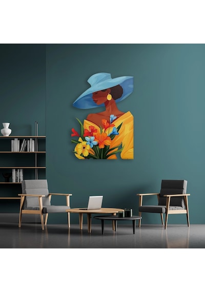 Mavi Şapkalı Kadın Çiçek - Metal Tablo - Dec0120 68 X 95 Cm Çok Renkli