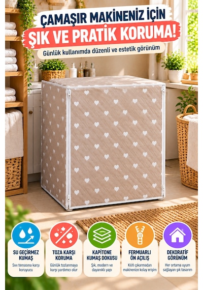 Kalp Desenli Çamaşır Makinesi Kılıfı Bej Kapitone Su Geçirmez Çift Fermuarlı 63x58x84 Cm Koruyucu Ev Kahverengi - Beyaz Kalp Desenli Çamaşır Makinesi Kılıfı Bej Kapitone Su Geçirmez Çift Fermuarlı 63x58x84 Cm Koruyucu Ev Kahverengi - Beyaz