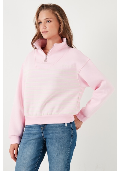 Lela Streç Oversize Fit Yarım Fermuarlı Dik Yaka Bayan Sweat 5865883 Şeker Pembe