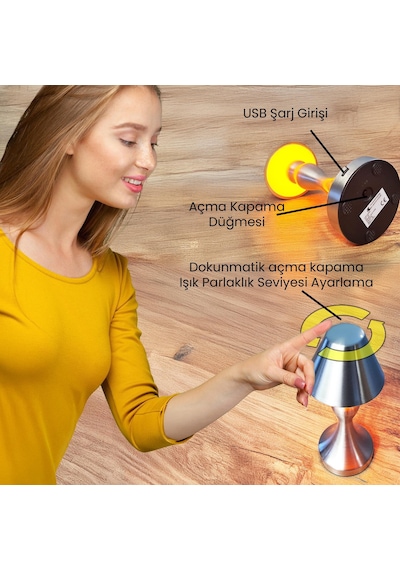 Upway Sarjlı Ayarlanabilir Işıklı 3 Modlu Retro Silver Metal Dokunmatik Fonksiyonel Masa Lambası Gümüş