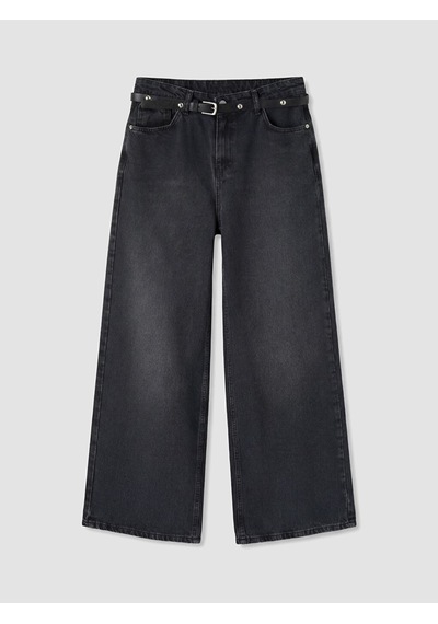 Lcw Jeans Siyah Beli Kemerli Wideleg Kadın Jean Pantolon